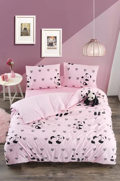 PINK PANDA DOUBLE DUVET COVER SET ( DUVET COVER & 2 PILLOWCASES)