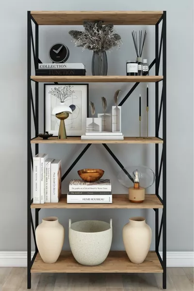 مكتبة كتب بطول  سم بها 5 رفوف زخرفية متعددة الاستخدامات، مكتبة معدنية باللون البني