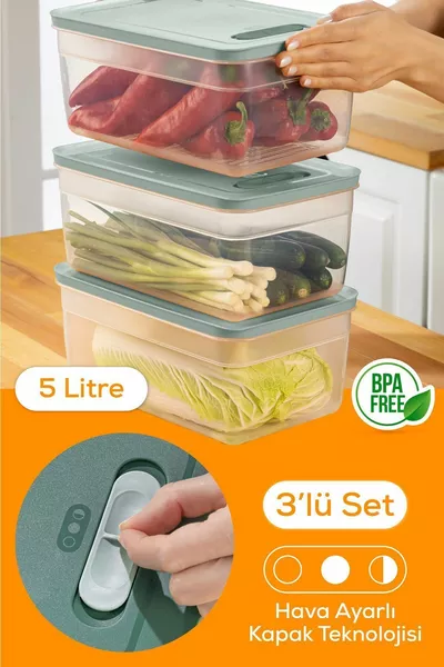 Комплект от 3 регулируеми кутии за съхранение на зеленчуци и плодове, мента, 5 литра