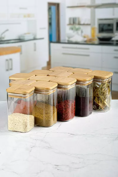 Barattolo di vetro quadrato con coperchio in bambù da  ml, confezione da , serie di lusso