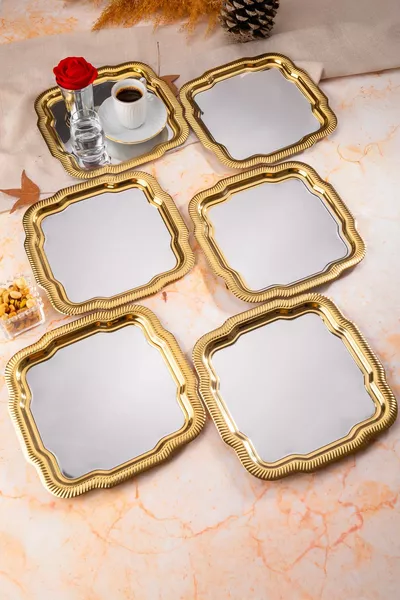 Набор серебряных подносов с узором «Ромашка», 6 предметов, с декоративной окантовкой, для сервировки, чая, кофе и подачи закусок