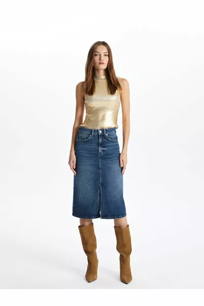 كان - تنورة دنيم متوسطة الطول بشقوق - 