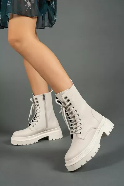 حذاء نسائي بكعب إضافي بلون البيج بسحاب 