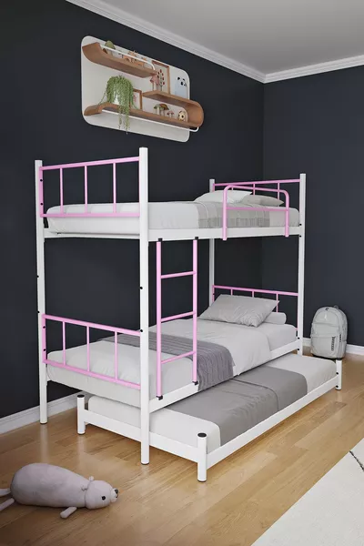 Tekno Yavrulu Ranza  Yatak Uyumlu 3 Kişilik Açık Pembe Metal Ranza Karyola