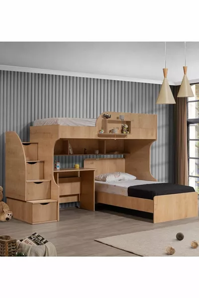 سرير بطابقين، سرير Aura Ranza وطاولة، جوز فاتح