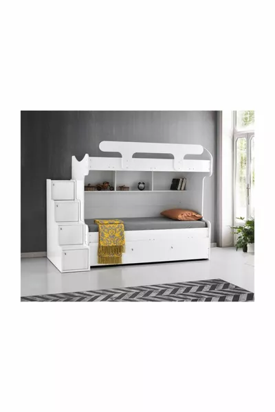 سمارة رanza - سرير بطابقين بثلاثة أسرّة، سرير مع سرير جانبي - أبيض لامع