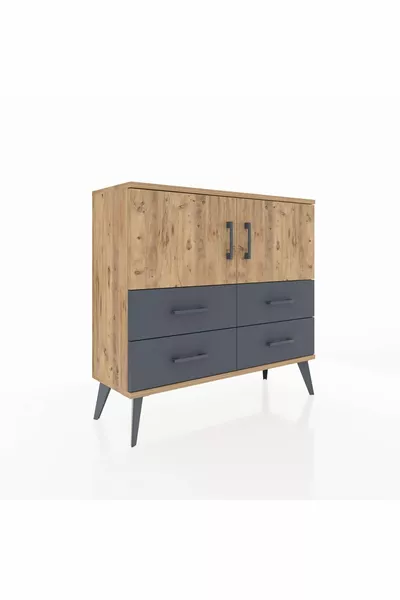 Arges Kommode mit 2 Regalböden, 4 Schubladen und 2 Türen, Kiefer-Kiefer/Anthrazit