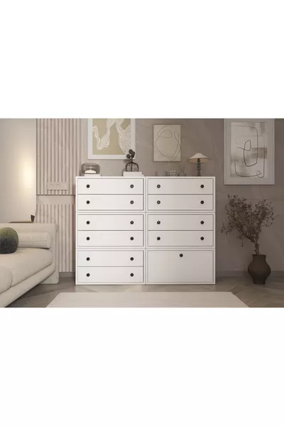 White Dresser with Ten Drawers and Lid, Without Molding