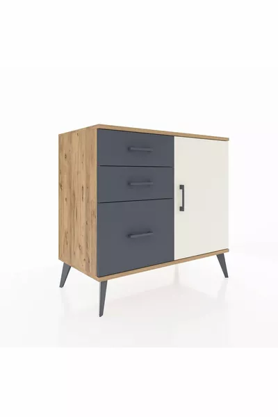 Hyperion Kommode mit einem Regal, 3 Schubladen und einer Tür, Kiefer-Marmor/Anthrazit