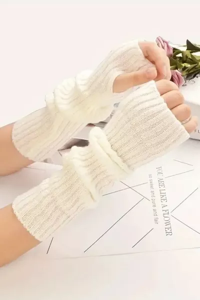 % Acrylic Premium Knit Hand Warmer Arm Sleeve Gloves Ecru