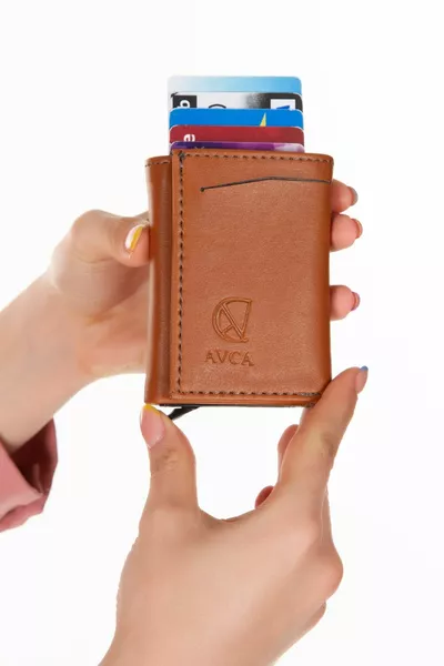 محفظة رجالية من الجلد النباتي الأسود مع فتحة للنقود وآلية منزلقة وحامل بطاقات