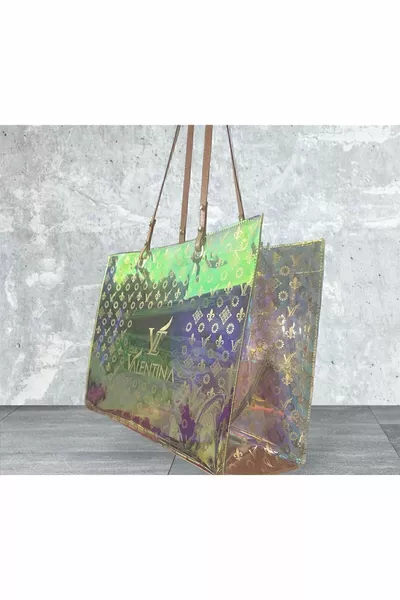 Women's Holographic Transparent Faux Leather Beach Bag with Handle and Inner Pocket