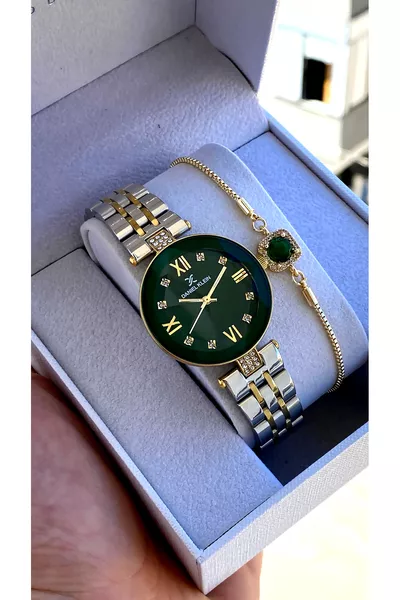 % Orijinal Altın Gümüş Kordon Yeşil Kadran Kadın Kol Saati Bileklik Hediyeli