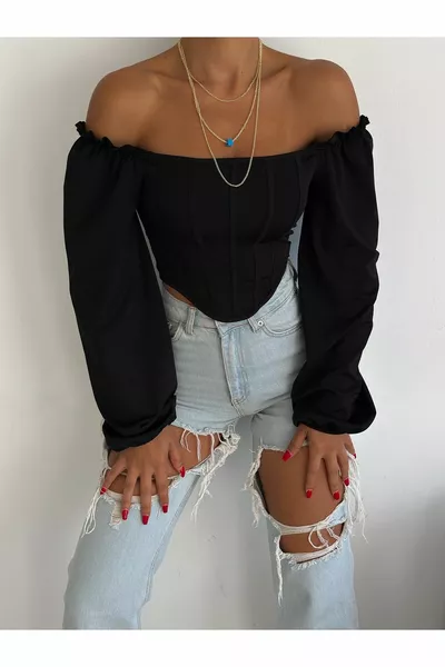 المرأة السوداء مربع طوق شريط طويل بالون كم غواص نسيج بلوزة المحاصيل