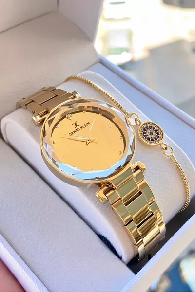 ساعة يد نسائية مع سوار كهدية، من الفولاذ المقاوم للماء، مع ضمان لمدة سنتين.