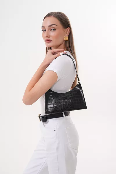 حقيبة يد وكتف بغيت بنقشة كروكو سوداء k