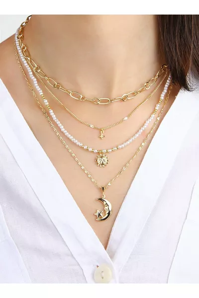 طقم سلسلة قلادة بأربع طبقات بنجوم وقمر وشمس