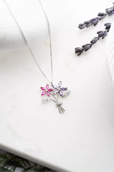  Ayar Gümüş Rodyum Kaplama Kamelya Çiçeği Buketi Kolye