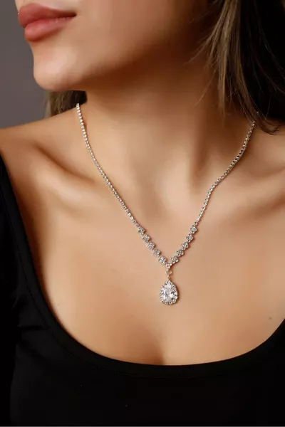 Silver Plated Waterway Zircon Stone Necklace Bridal Engagement Necklace Party Invitation Necklace