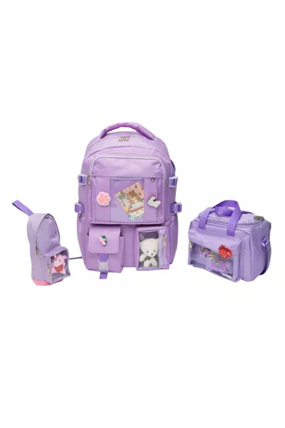 شنطة مدرسية يومية محلية بأسلوب كاوايي كوري كاملة بالإكسسوارات للبنات والأولاد مع حقيبة غداء ومقلمة