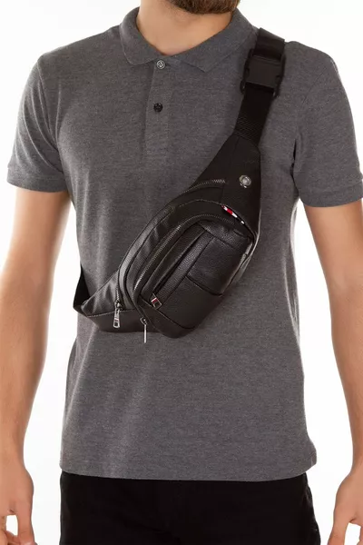 Men's Leather Waterproof Crossbody and Waist Bag with Headphone Jack (Daily Use, Black Color)