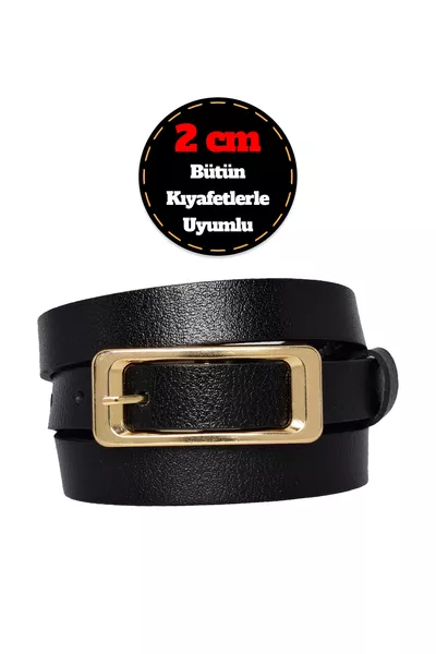 % Echtes Leder, Schwarzer Damenledergürtel mit goldfarbener Schnalle, 2 cm schmal; für Kleid oder Hose, rechteckig