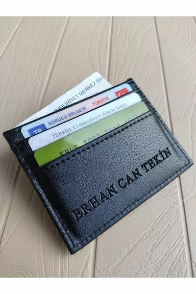 محفظة بطاقة مصنوعة من الجلد الصناعي الأسود للجنسين مع اسم مطبوع ومخصصة