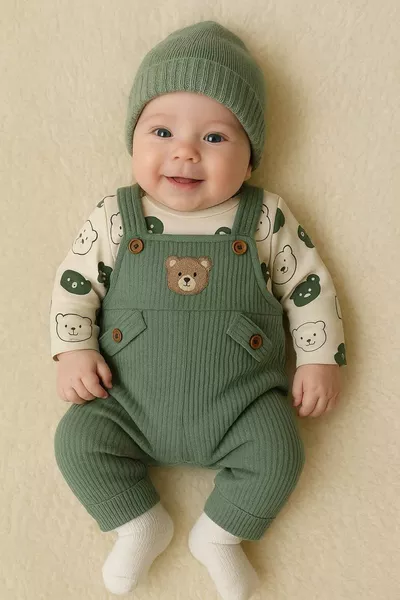 طقم رومبير ثلاثي للرضع الذكور، يتضمن سالوبت وجوارب، مزين بنقشة دب وقميص داخلي برسمة دب، قماشه قطني وغير محدد الجنس