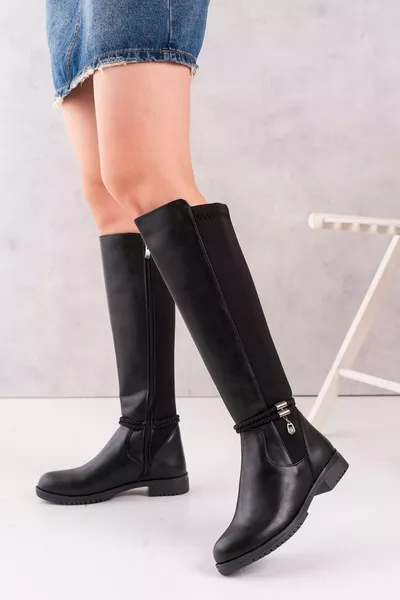 حذاء نسائي فوق الركبة من قماش الغوص الأسود مزين بالأحجار