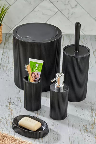 Line 5 Round Bathroom Set - Trash Can, Toilet Brush, Liquid-Solid Soap Dispenser, Toothbrush Holder