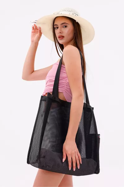 Kum Tutmayan File Plaj Çantası Siyah – Geniş Hacimli Kadın Yazlık Deniz Çantası