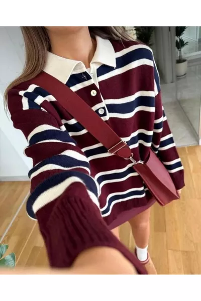 كنزة نسائية بزرار، ياقة بولو، مخطط، واسعة الحجم، كنزة صوفية