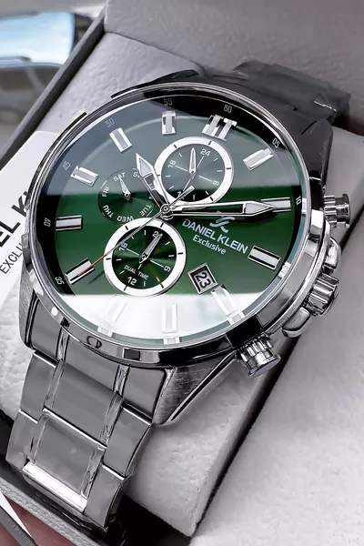 ساعة يد رجالية حصرية مقاومة للماء حتى 3 ATM بلون فضي وأخضر بسوار معدني هدية سوار 