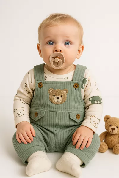 طقم رومبير ولادي من قطعتين مطرز بالدب، بأكمام طويلة، للمواليد الجدد، مع إغلاق أزرار، مع جوارب كهدية