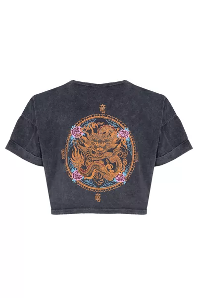 تي شيرت قصير بطبعة على الظهر أنثراسيت