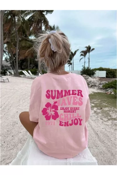 قميص نسائي أزرق صيفي بطباعة على الظهر مقاس كبير