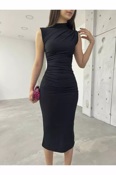 فستان ميدي بدون أكمام بتفاصيل تجميع عند الخصر والأكتاف للنساء