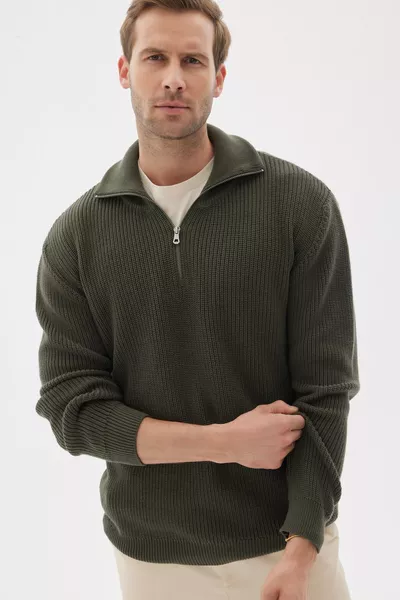 كنزة رجالية من القطن بلون زيتي بحياكة صلصالية نصف سحاب، مقاس عادي