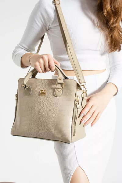 Dames Vos Croco Lederen Schouder- en Handtas met Kattenprint, Ritssluiting en Voering