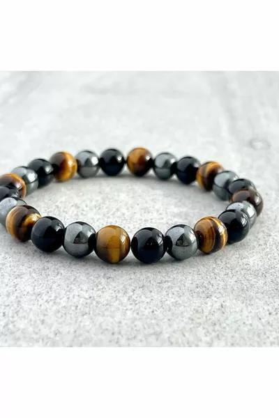 Браслет из природных камней с тигровым глазом, обсидианом и гематитом