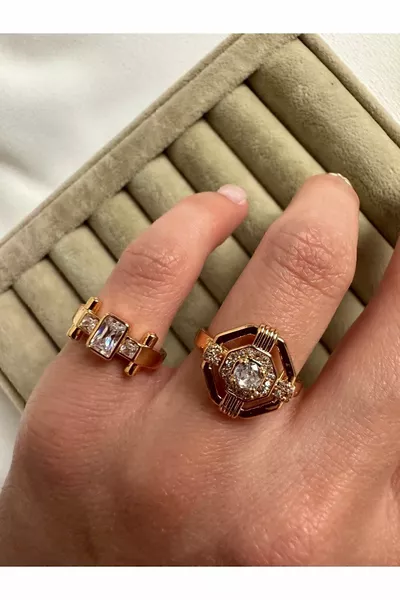 Gold-Colored Rectangular Stone Pinky Ring