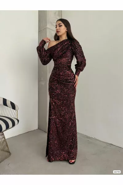 Off-the-Shoulder Long Sleeve Slit Sequin Maxi Length Evening Dress