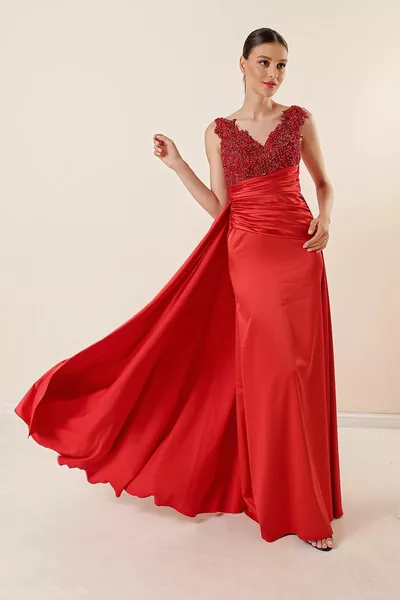 Beaded Guipure Transparent Long Satin Dress Red