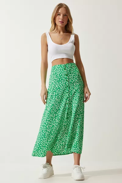 المرأة الأخضر منقوشة شق تنورة فيسكوز 