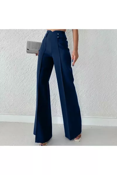 Women's Navy High-Waist Palazzo Pants with Button Detail and Slim Fit Cut