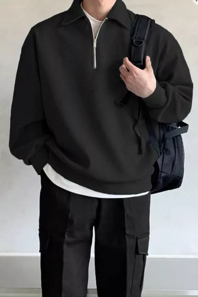 سويت شيرت رجالي بزر نصف مع ياقة قميص واسعة