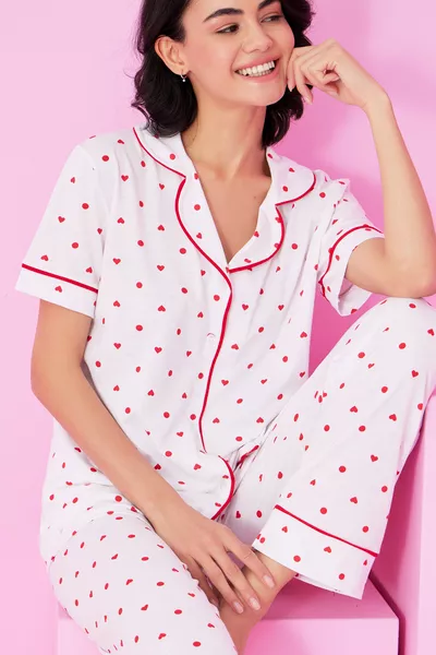 White and red heart print short-sleeve buttoned trim pajama set 