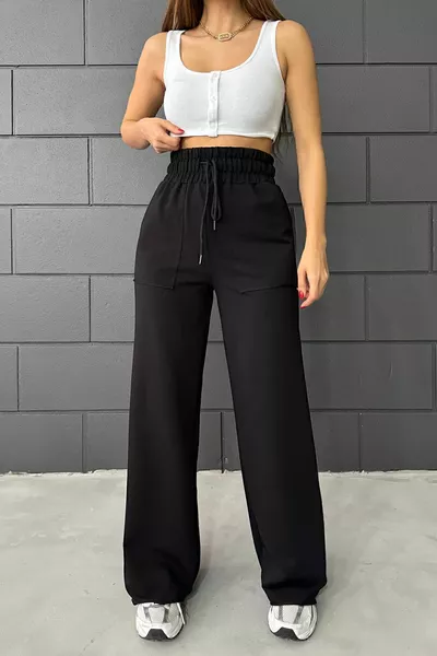 Kadın Siyah İki İplik Beli Lastikli Cep Detaylı Bol Paça Eşofman Altı