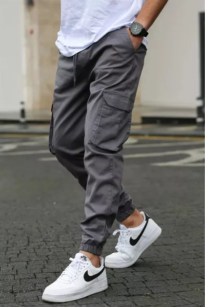 Erkek Pamuk Likralı Kargo Cepli Pantolon Gri Yandan Cepli Pantolon