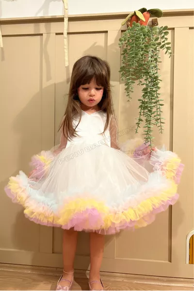 Beyaz Karnaval Renkli Uzun Kol Kız Bebek & Kız Çocuk Elbise - Alice